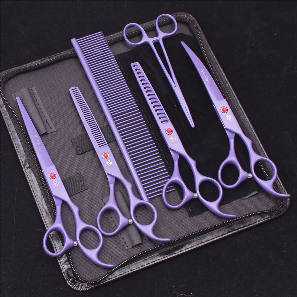 7-Inch (17.8 cm) Japanese 440C Pet Grooming Scissors Set — Straight 7 in, Curved 7 in, Thinning 6.5 in (16.5 cm) for Dog & Cat Grooming with Comb & Hemostatic Forceps