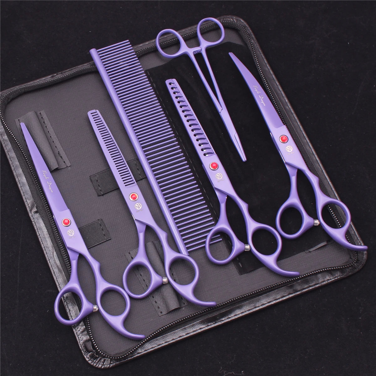 7-Inch (17.8 cm) Japanese 440C Pet Grooming Scissors Set — Straight 7 in, Curved 7 in, Thinning 6.5 in (16.5 cm) for Dog & Cat Grooming with Comb & Hemostatic Forceps
