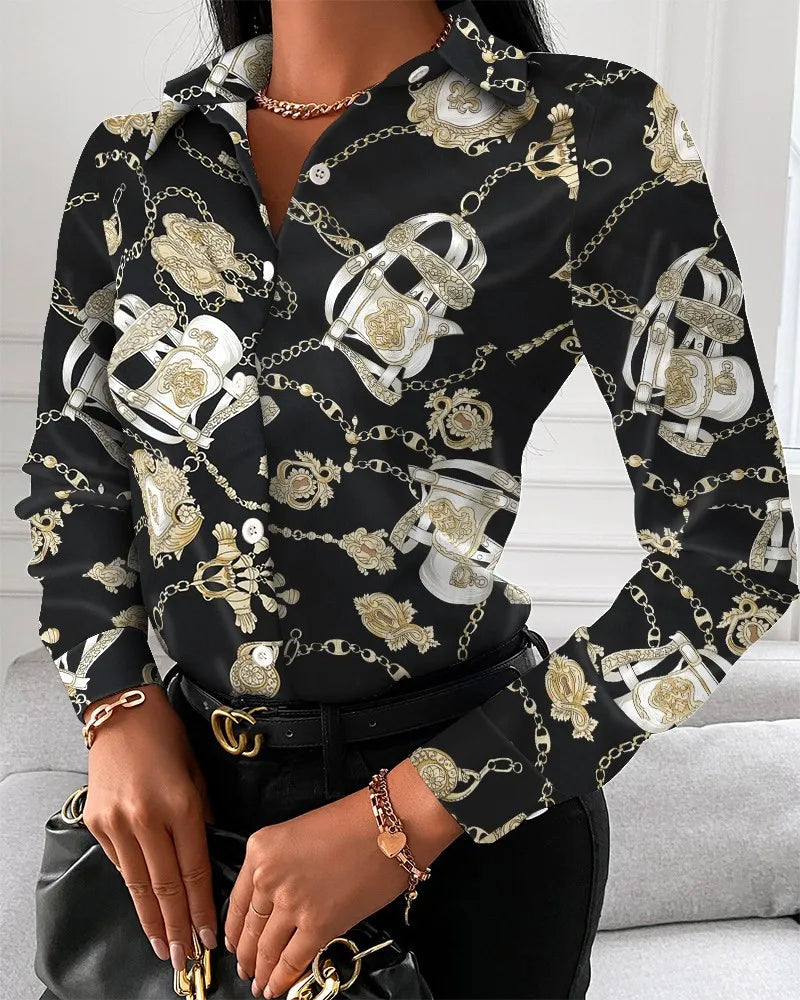 Women's Long Sleeve Turn-Down Collar Blouse - Square Print (Chain, Floral, Letter, Geometric)