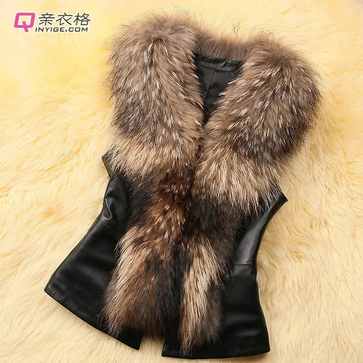 Women's Faux Leather Sleeveless Vest with Faux Raccoon Fur Collar, Oversized Stitch Detail – Autumn Winter Streetwear Coat