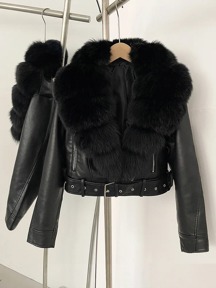 ZMEENNA Women's Faux Leather Moto Jacket with Detachable Faux Fur Collar - Short Warm Winter Coat