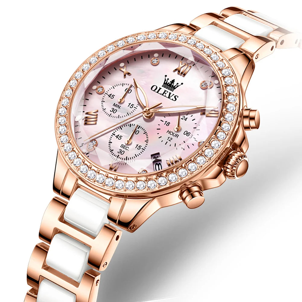 OLEVS Women's Ceramic 35mm Quartz Chronograph Watch - Waterproof Luminous Date Elegant Dress Wristwatch