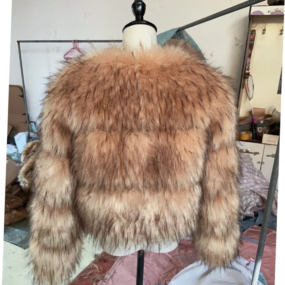 Light Brown Faux Fur Coat — Women's Short Raccoon-Style Winter Jacket with Quilted Lining