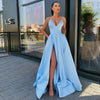 Royal Blue Satin Halter Evening Gown Floor-Length A-Line Ball Dress with High Split