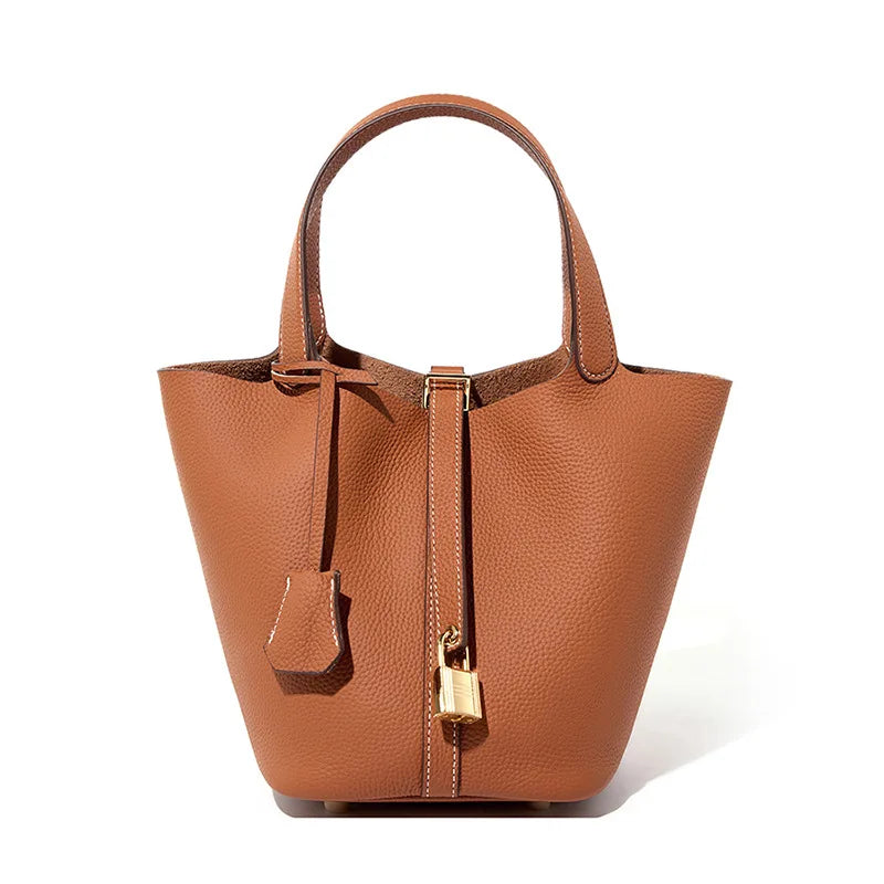 Genuine Leather Litchi-Texture Mini Bucket Shoulder Bag with Lock - Soft Tote Handbag for Women