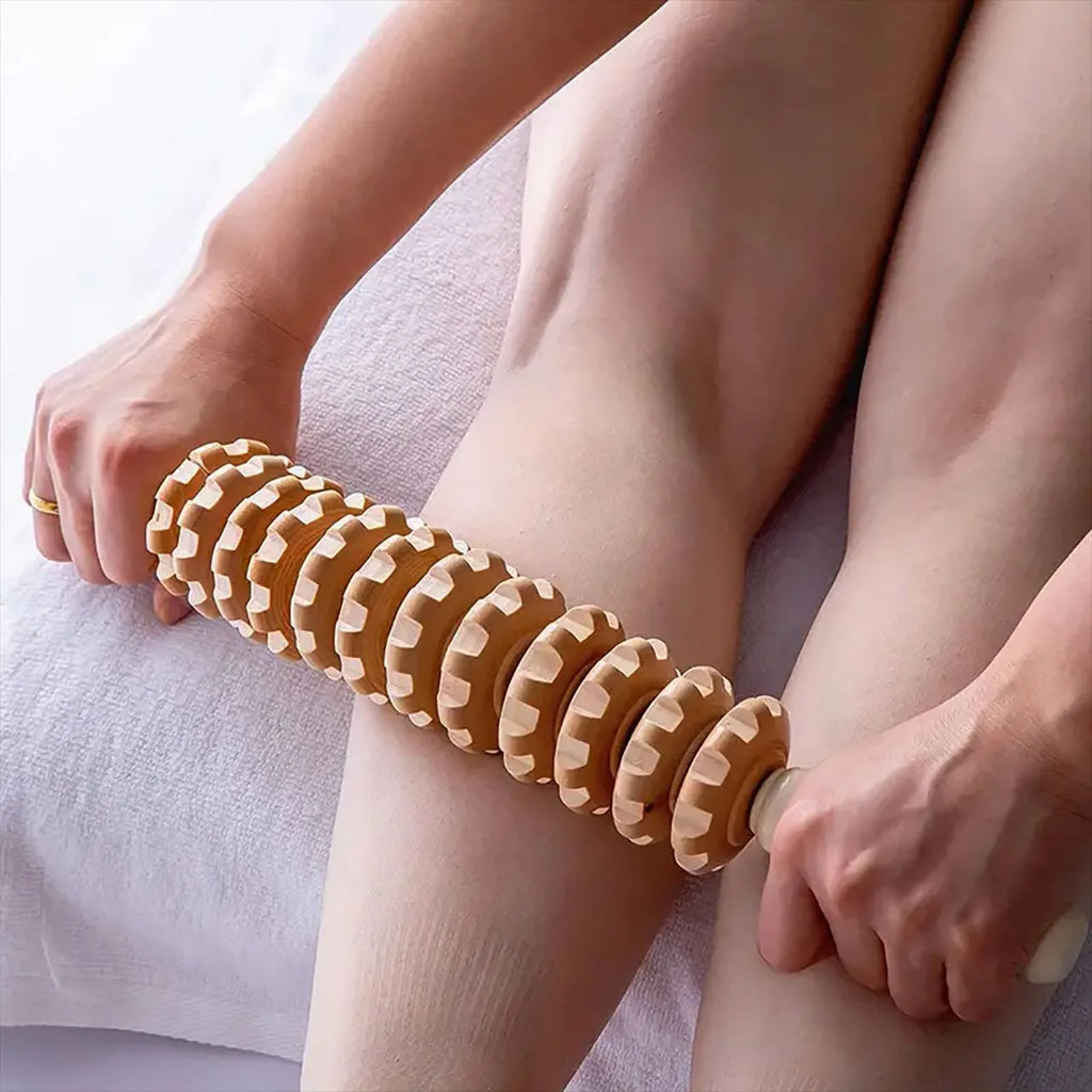 9-Roller Wooden Fascia Massager – Handheld Anti-Slip Muscle Roller for Back, Legs, Thighs & Buttocks