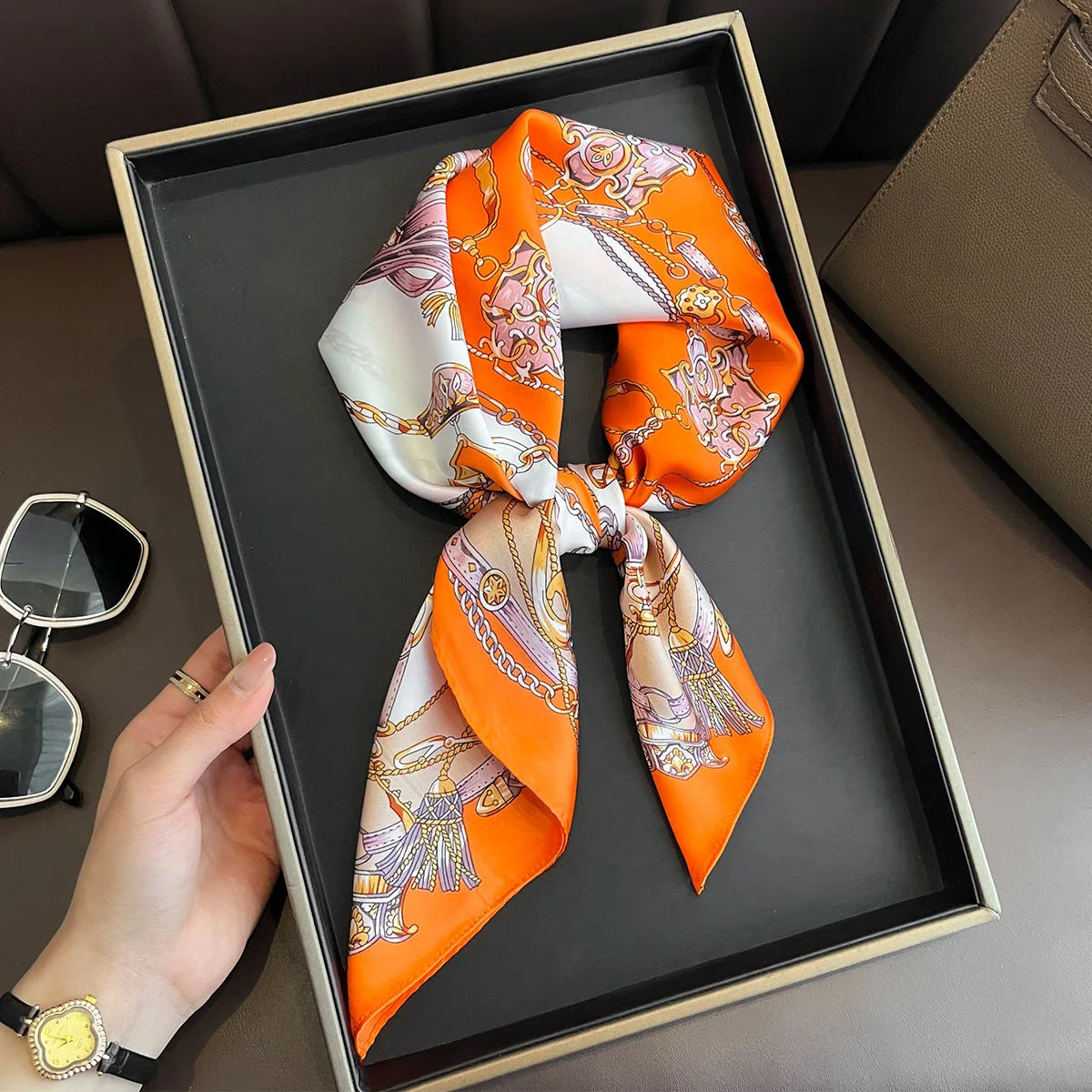 Luxury Horse Print Silk-Feel Square Scarf 70 x 70 cm (27.6 x 27.6 in) – Women's Neck, Hair, Foulard, Bandana