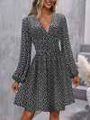 Asymmetric V-Neck Lantern Sleeve Knit Dress – Shirred Waist A-Line Winter Dress for Women