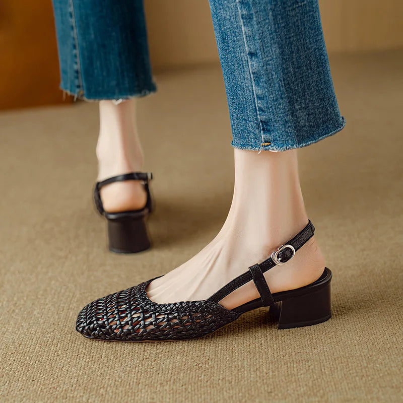 French Square-Toe Woven Mid-Heel Sandals for Women - PU Leather Square Block Heel 3-5 cm (1.2-2.0 in)