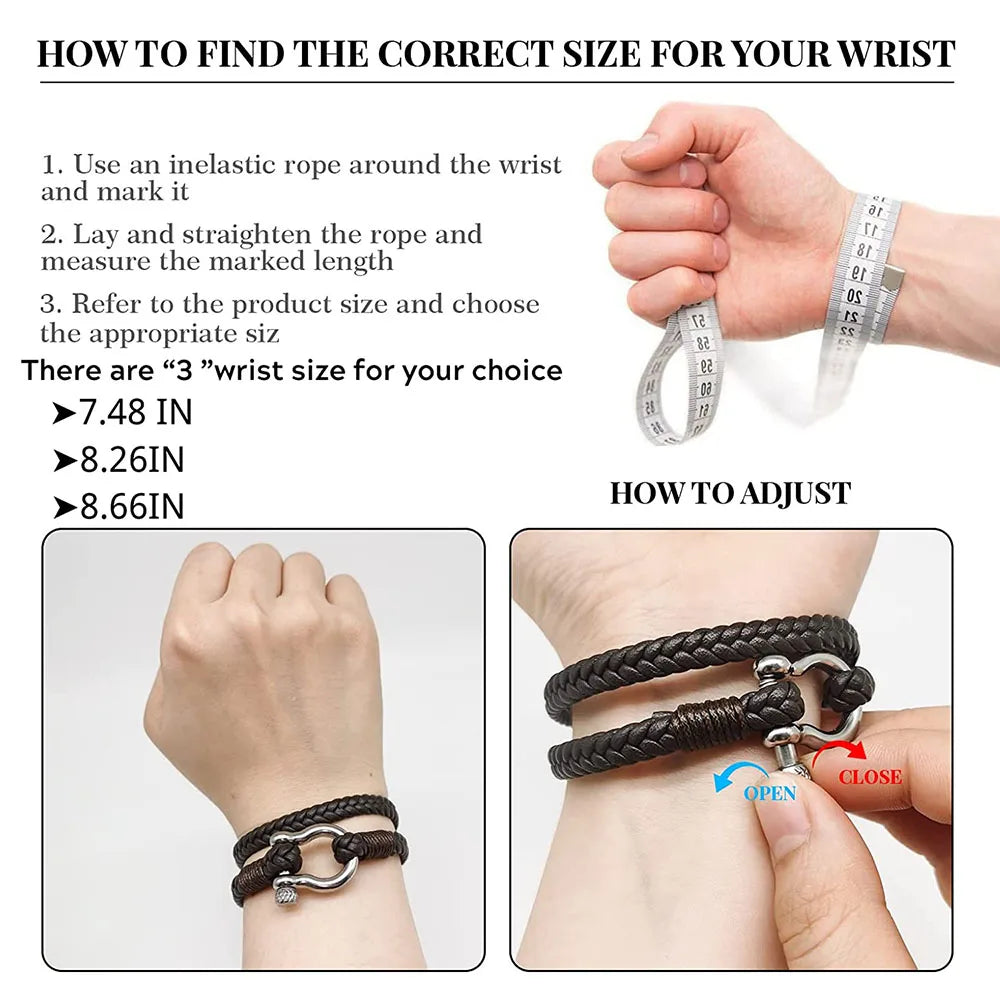 Kirykle Men's Nautical Multilayer Leather Bracelet with Stainless Steel Anchor Shackle, Handmade Adjustable Gift for Dad