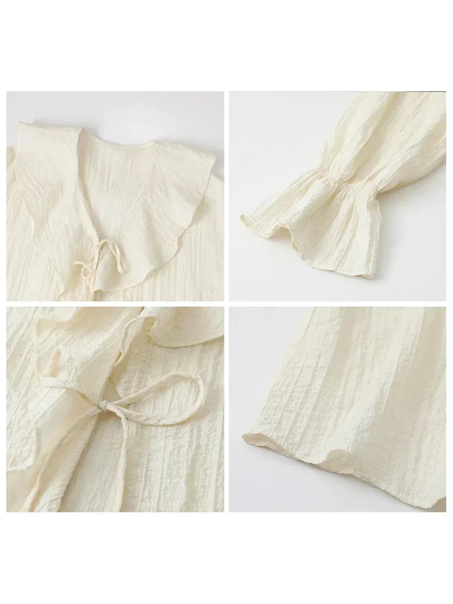 CHIC VEN Women's Loose V-Neck Lace-Up Ruffle Blouse, Mid-Length Casual Shirt with Butterfly Sleeves