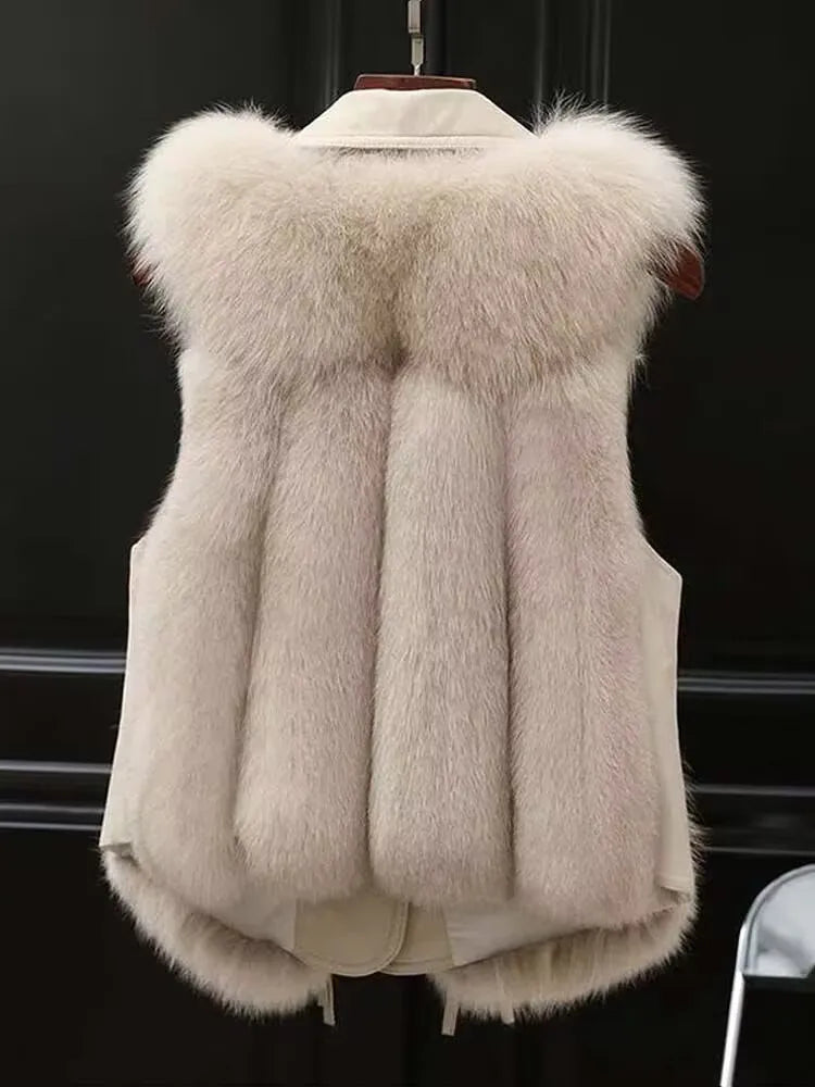 Women's Faux Fur Plush Vest – Sleeveless PU Leather-Trim Waistcoat, Cozy Autumn/Winter Outwear