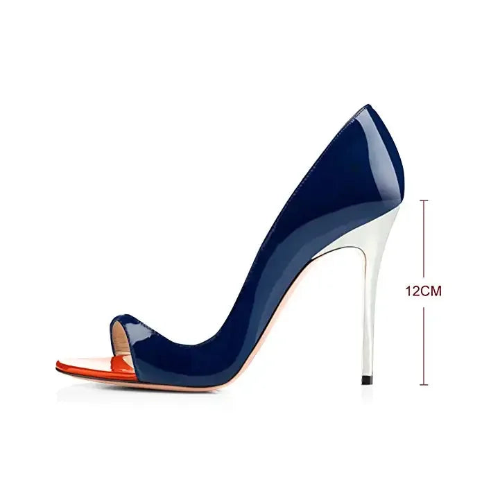 Black Patent Leather Peep-Toe Stiletto Pumps with Red Lining, 12 cm (4.7 in) Heel, Plus Size EU 33-46