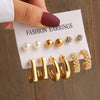 Gold Geometric Pearl Earrings Set — Vintage Metal Square & Round Dangle Studs for Women, Trendy Party Jewelry