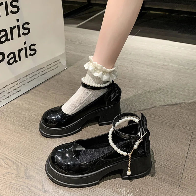 Pink Beaded Mary Jane Heels – Round Toe Platform Pumps with Square Heel, Spring/Autumn Party Shoes