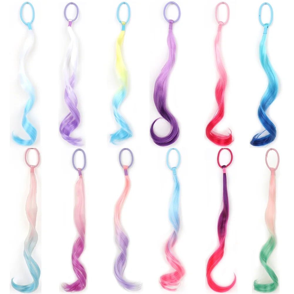 14-Inch (35 cm) Curly Colored Synthetic Ponytail Extension for Kids — Lightweight with Elastic Tie