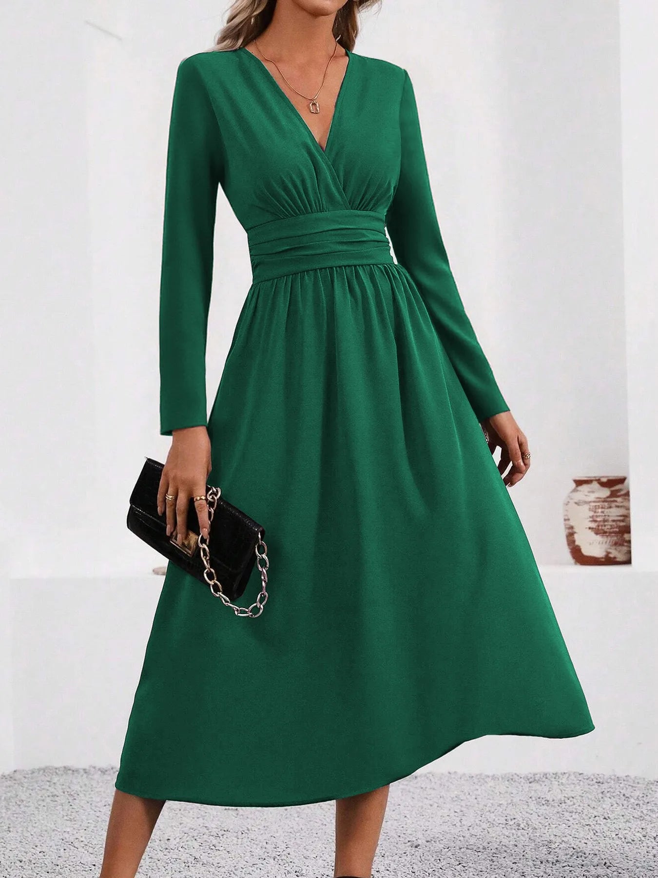 Women's Knit V-Neck Long Sleeve Midi Maxi Dress with Shirred Waist - Fall/Winter Solid Color