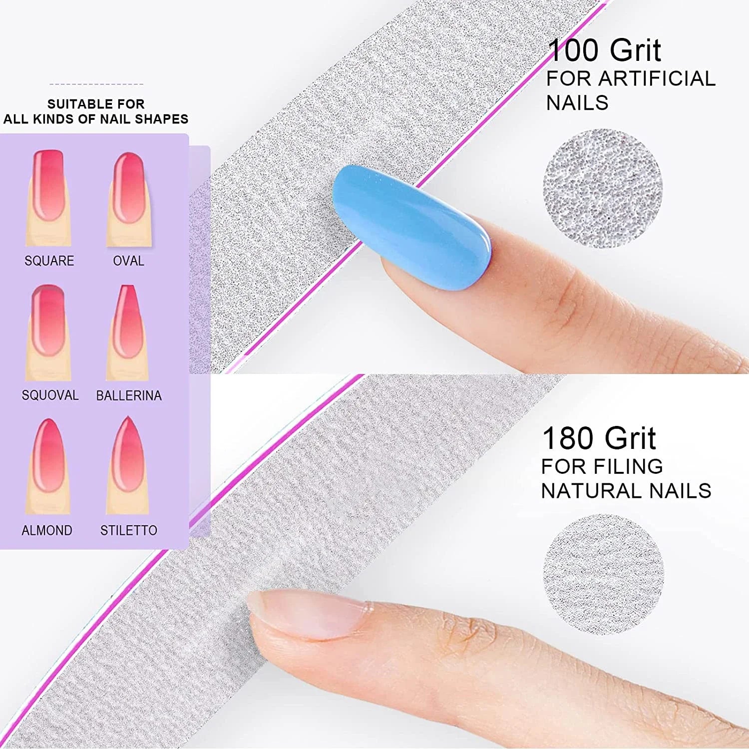 5-Pack Half-Moon Nail Files – Double-Sided 100/180 Grit Emery Boards, 7.1 in (18 cm) Manicure & Pedicure Tools for Home and Salon