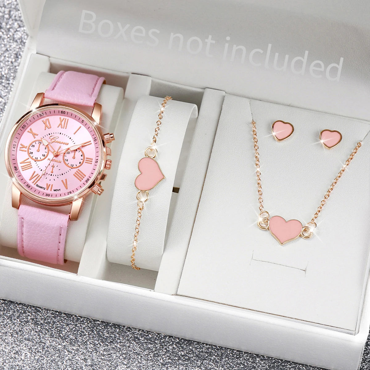 5/6-Piece Women's Quartz Leather Strap Watch Set with Heart Rhinestone Charm - Analog Fashion Wristwatches (Box Not Included)