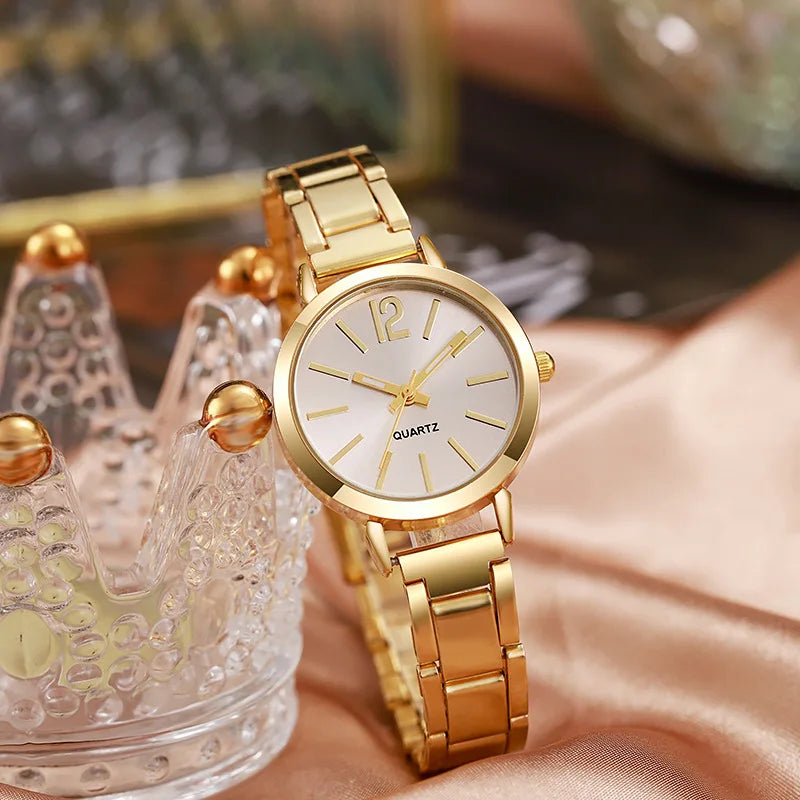 2-Pack Women's Gold Bracelet Quartz Watch Set - Hollow Strap Minimal Dial Fashion Wristwatch