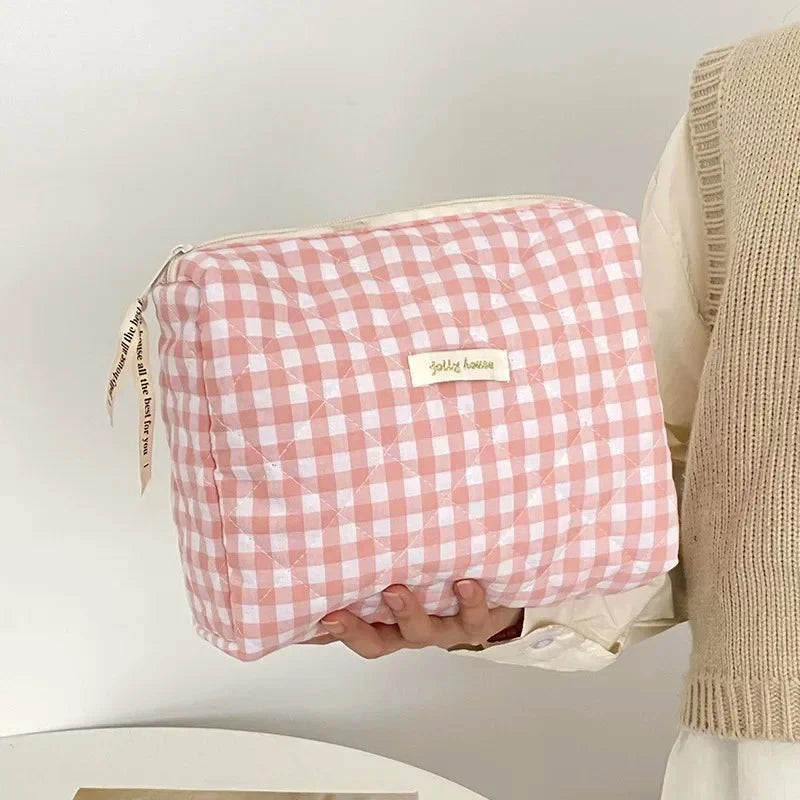 Large Capacity Women's Cosmetic Bag - Plaid Zipper Travel Makeup Clutch, Multiple Sizes (Up to 24 x 18 x 7.5 cm | 9.4 x 7.1 x 3.0 in)