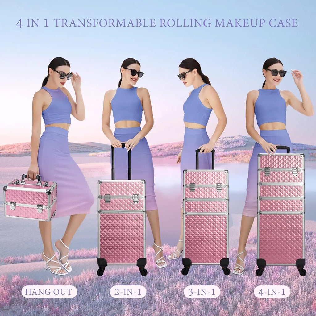 4-in-1 Rolling Makeup Train Case – Large Capacity Cosmetic Trolley with Wheels & Locking Keys for Salon and Travel