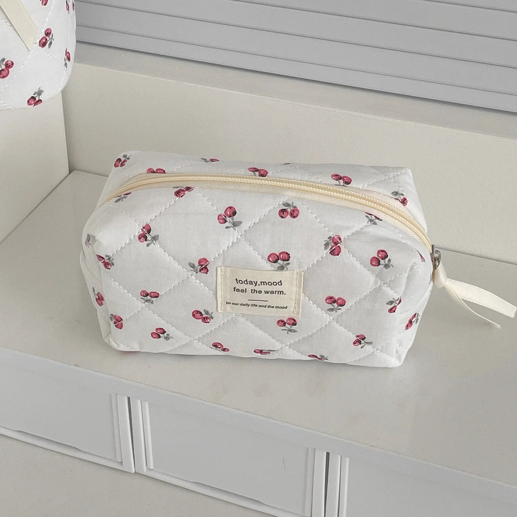 Cherry Quilted Polyester Makeup Bag - Cute Portable Cosmetic Travel Pouch with Zipper