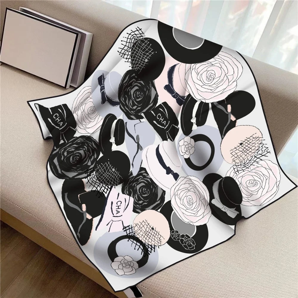 Twill Silk Square Scarf 90 x 90 cm (35.4 in) - Floral & Letter Print Women's Neck Kerchief Wrap