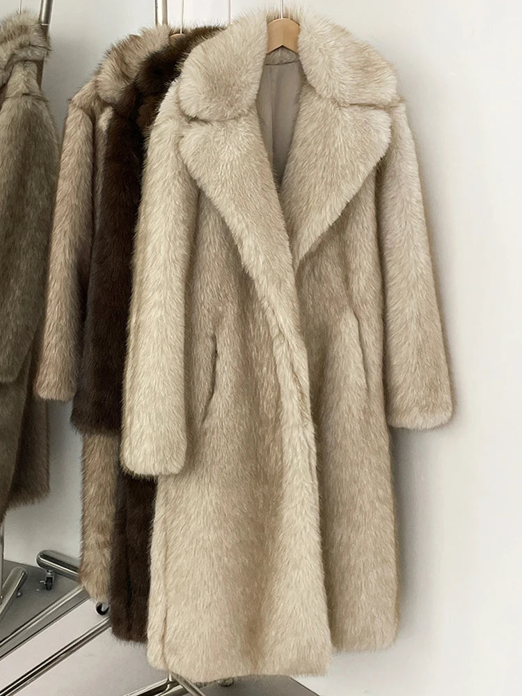 Women's Faux Fur Long Coat – Khaki Warm Fluffy Overcoat, Double-Faced Fur