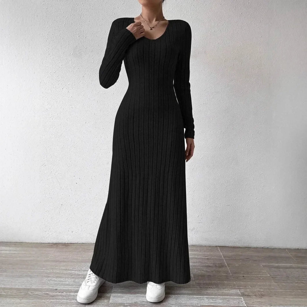 Knitted Long-Sleeve A-Line Dress — Slim Fit Solid Color Ankle-Length Streetwear for Women