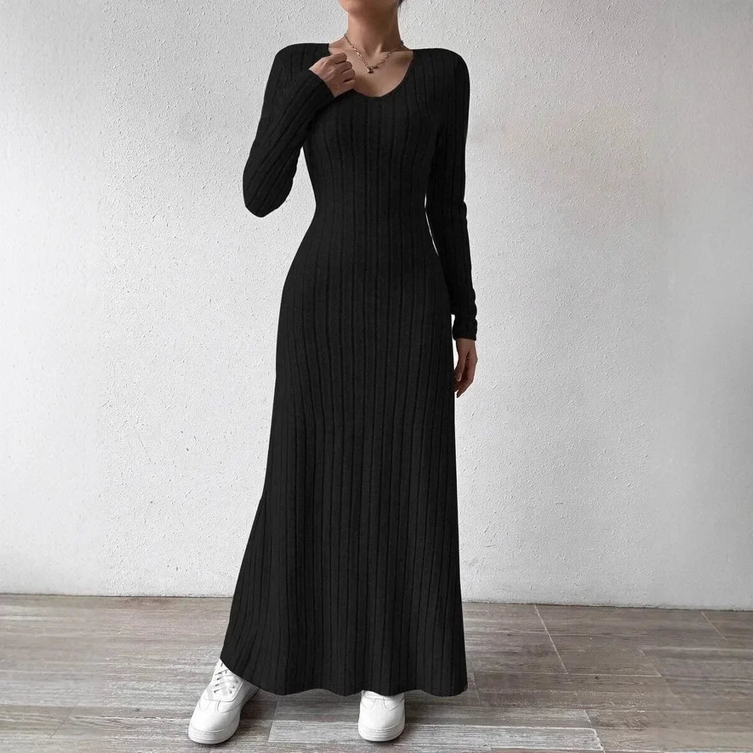 Knitted Long-Sleeve A-Line Dress — Slim Fit Solid Color Ankle-Length Streetwear for Women