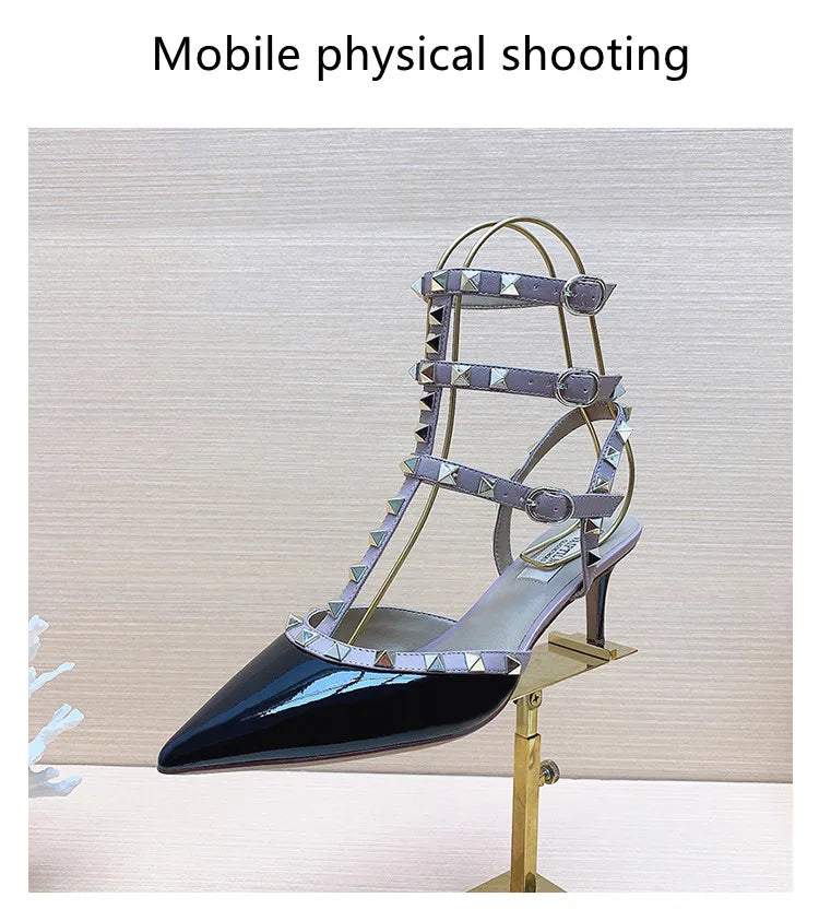 Women's Gladiator High-Heel Sandals - Black Patent Leather 3-Strap Ankle Strap Rivet Designer Heels