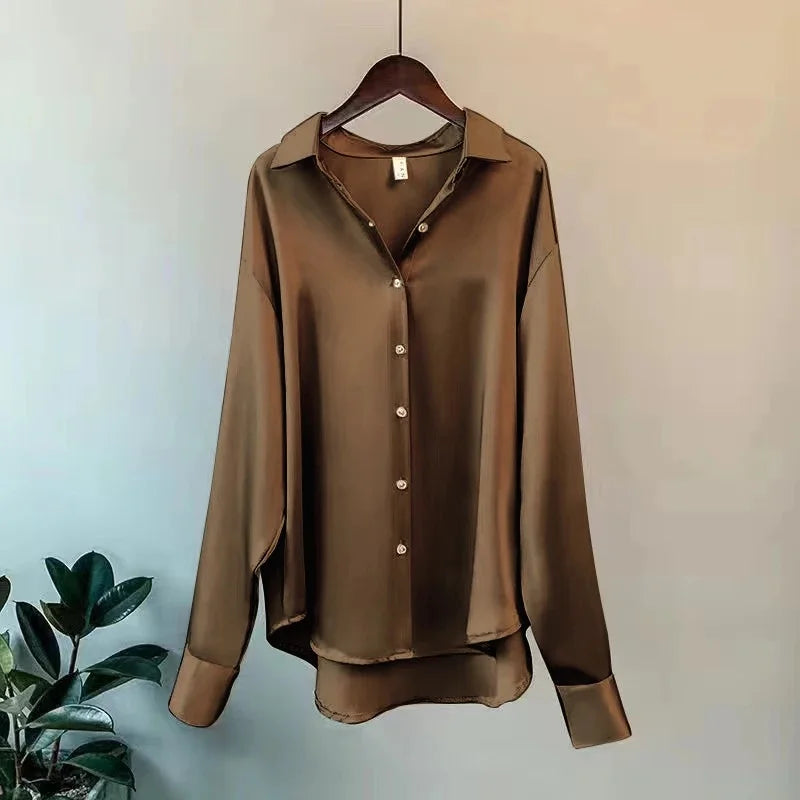 Women's Satin Button-Front Blouse — Korean Long Sleeve Casual Office Top, Slim Fit