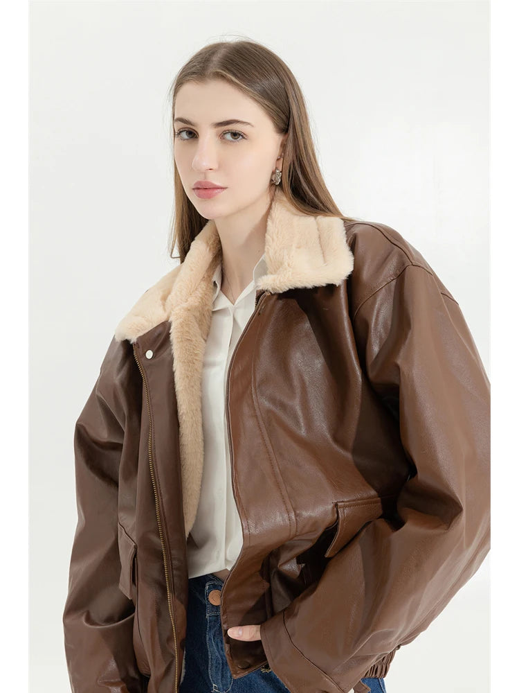 Women's Faux Leather Fur-Lined Motorcycle Jacket — Lamb Wool Lined PU Lapel Coat, Long Sleeve Loose Vintage Warm Jacket