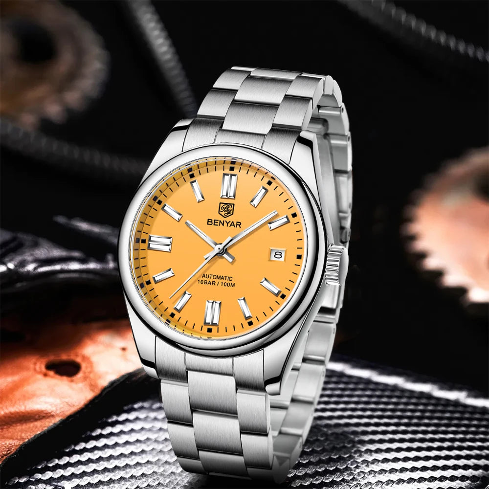 BENYAR Men’s Luxury Stainless Steel Mechanical Automatic Watch – 10 Bar Waterproof Luminous Sports Timepiece