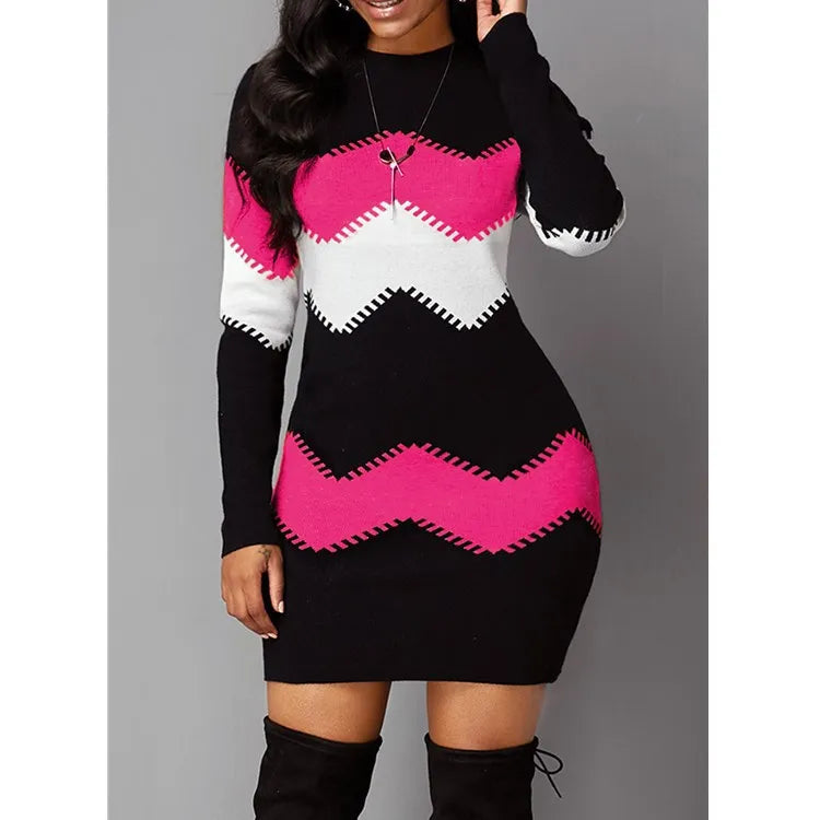 Women's Patchwork Rib Knit Turtleneck Sweater Mini Dress Long Sleeve Warm Casual A-Line