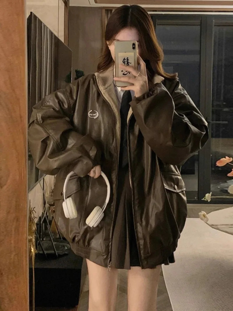 Reversible PU Leather Jacket with Lambswool Lining – Velvet & Cotton-Padded Women's Winter Biker Coat, Patchwork Streetwear