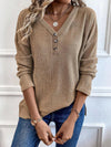 Women's Ribbed Button V-Neck Sweater – Long-Sleeve Casual Pullover for Spring & Autumn