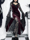 AltGoth Gothic Lace Midi Dress – Vintage Aesthetic Sheer Patchwork A-Line High-Waist Flare Sleeve Clubwear