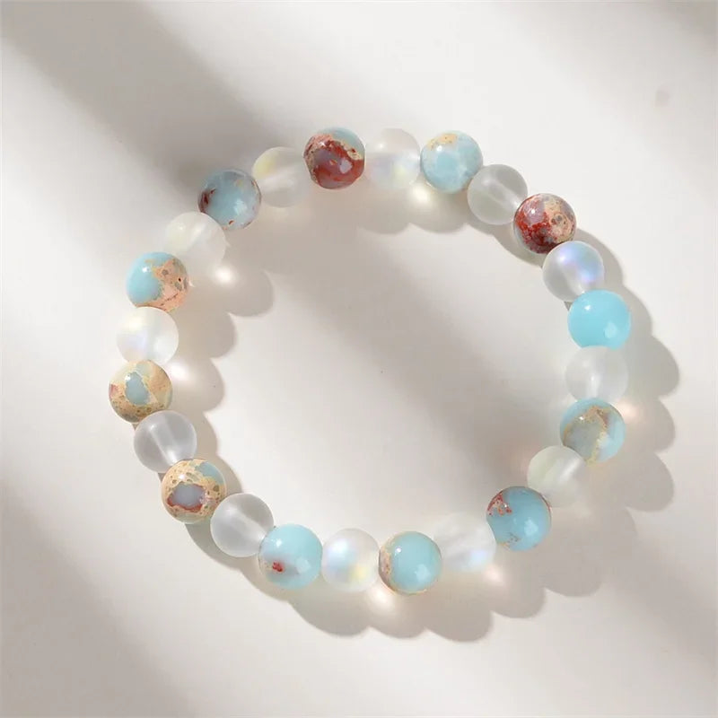Aura Quartz & Ocean Sediment Bead Bracelet 8 mm (0.31 in) Unisex Crystal Jewelry for Abundance