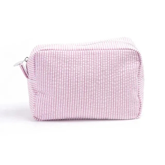 Personalized Seersucker Makeup Bag - Embroidered Cosmetic Pouch, Custom Toiletry Bag for Bridesmaids & Travel