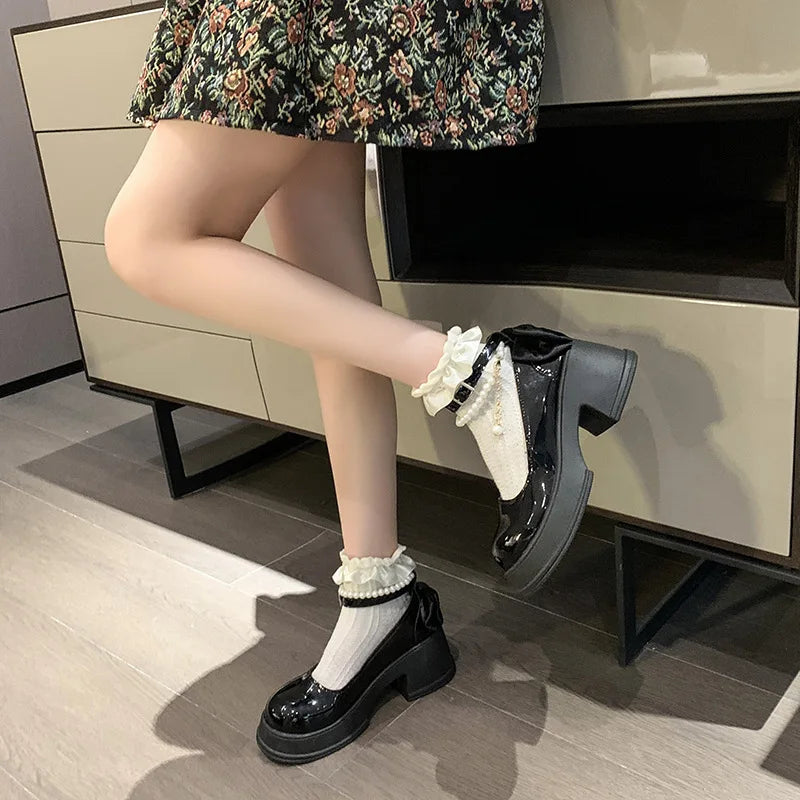 Pink Beaded Mary Jane Heels – Round Toe Platform Pumps with Square Heel, Spring/Autumn Party Shoes