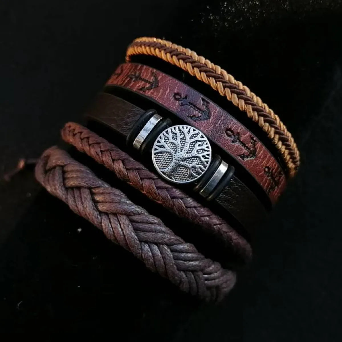 6-Pack Adjustable Leather Wrap Bracelets – Punk Beaded Tree Design, Unisex (17–24 cm / 6.7–9.4 in)