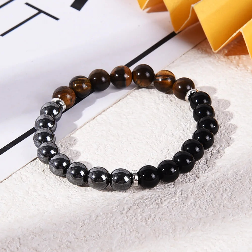 Triple Protection 8mm Gemstone Stretch Bracelet – Tiger Eye, Black Obsidian & Hematite (Unisex)
