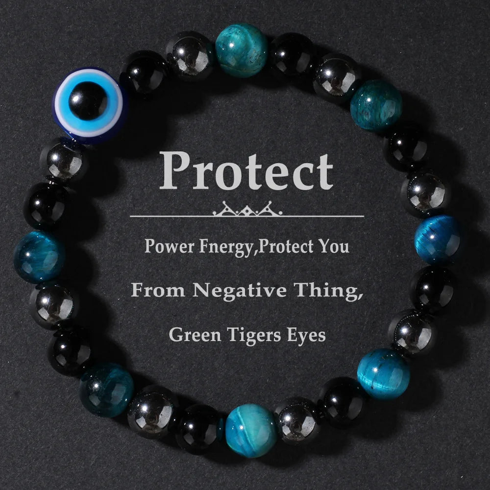Triple Protection Bracelet - Blue Tiger's Eye & Black Obsidian Evil Eye Handmade Stretch Beaded Bracelet