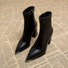 Women's PU Pointed Toe Ankle Chelsea Boots with Square High Heel & Metal Accent