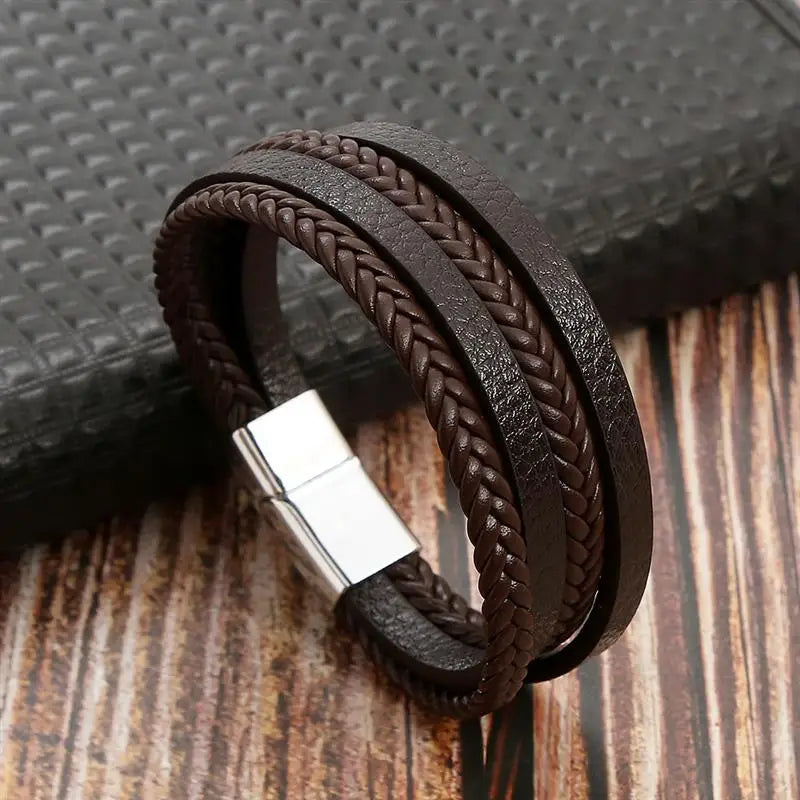 Men's Multi-Layer Woven Leather Bracelet with Alloy Magnetic Buckle - Punk Style, 19/21/23 cm (7.5/8.3/9.1 in)