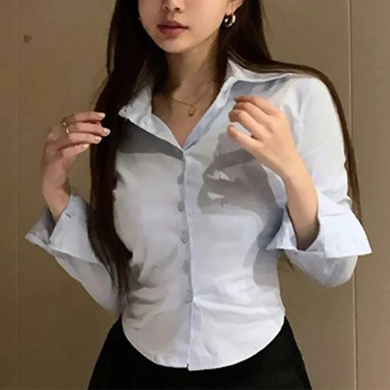 Women’s White Chiffon Button-Down Blouse with Pocket — Long Sleeve Lapel Office Top
