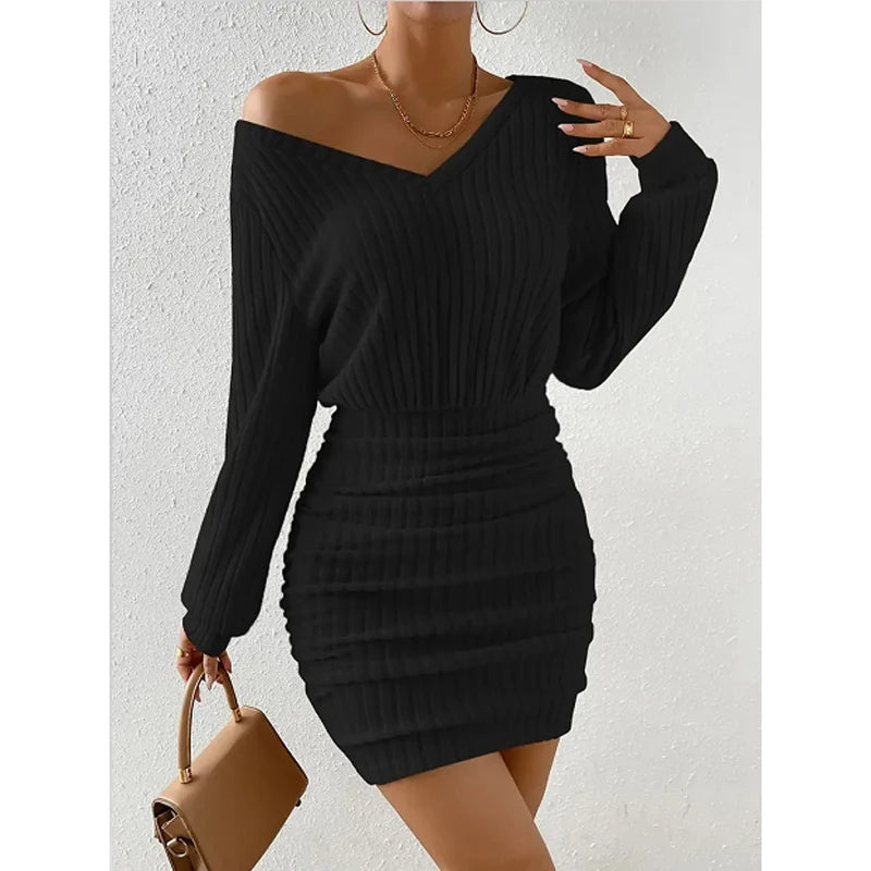 Women's Knit Sweater Mini Dress V-Neck Long Sleeve Bodycon Casual Warm