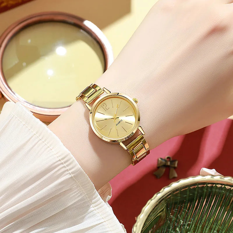 2-Pack Women's Gold Bracelet Quartz Watch Set - Hollow Strap Minimal Dial Fashion Wristwatch